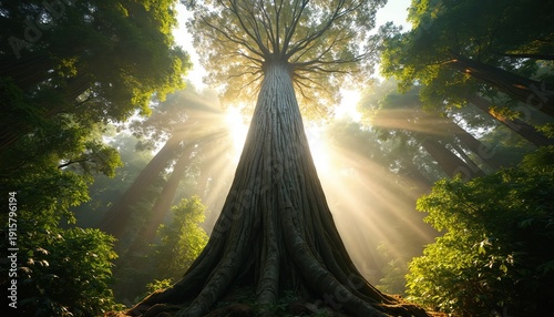 Giant ancient tree trunk rises in rich green forest with sun rays piercing dense foliage. Nature majestic growth, quiet woodland atmosphere, natural beauty.