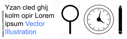 Search, productivity, time management, organization, communication, analysis. Black magnifying glass, clock and pen icons with placeholder text. Search and productivity
