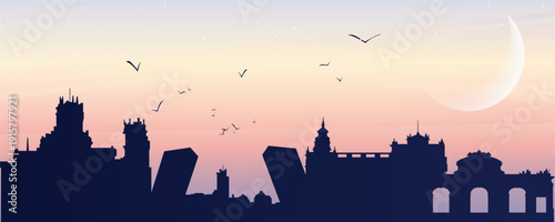 Madrid skyline silhouette at sunset with Puerta de Alcalá and modern towers, crescent moon and birds, soft pastel gradient sky, modern flat travel illustration.