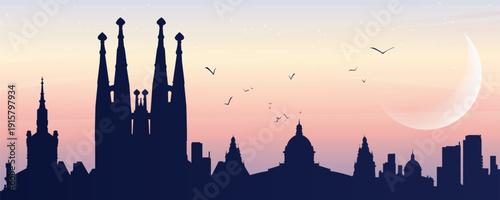 Barcelona skyline silhouette at sunset with Sagrada Familia, crescent moon and birds, soft pastel gradient sky, modern flat travel illustration background.