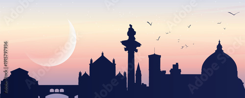 Jakarta skyline silhouette at sunset with Monas monument, crescent moon and birds, soft pastel gradient sky, modern flat travel illustration background.