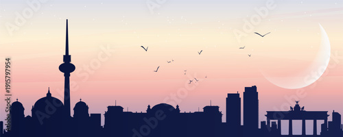 Minimal Berlin skyline silhouette at sunset with Fernsehturm and Brandenburg Gate, crescent moon and birds, soft pastel gradient sky, modern flat travel illustration.