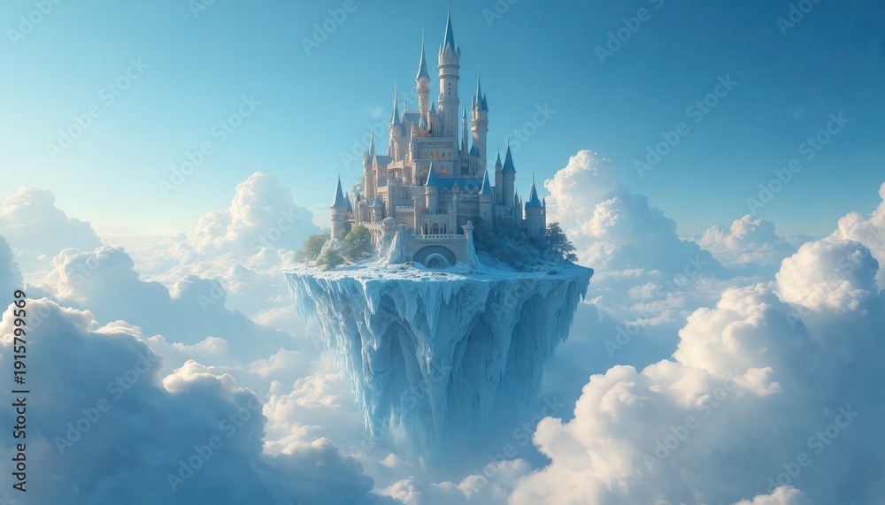 Obraz premium Fairytale castle rests on icy island floating high in blue sky amid soft clouds. Majestic architecture with spires and towers appears mystical and serene.