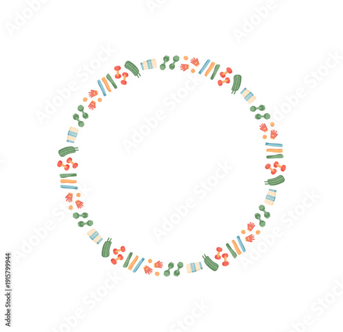 Minimal round border with fitness and wellness pattern. Ornament with dumbbells, food, and vegetables symbolizes sport, gym, workout themes. Vibrant healthy visual concept.