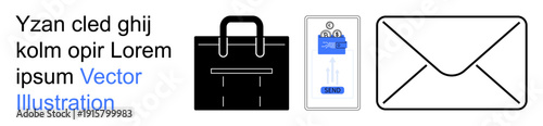 Corporate branding, professional communication, business tools, identity verification, remote work, organizational design. A black briefcase, ID badge and envelope icon in clean design. Corporate