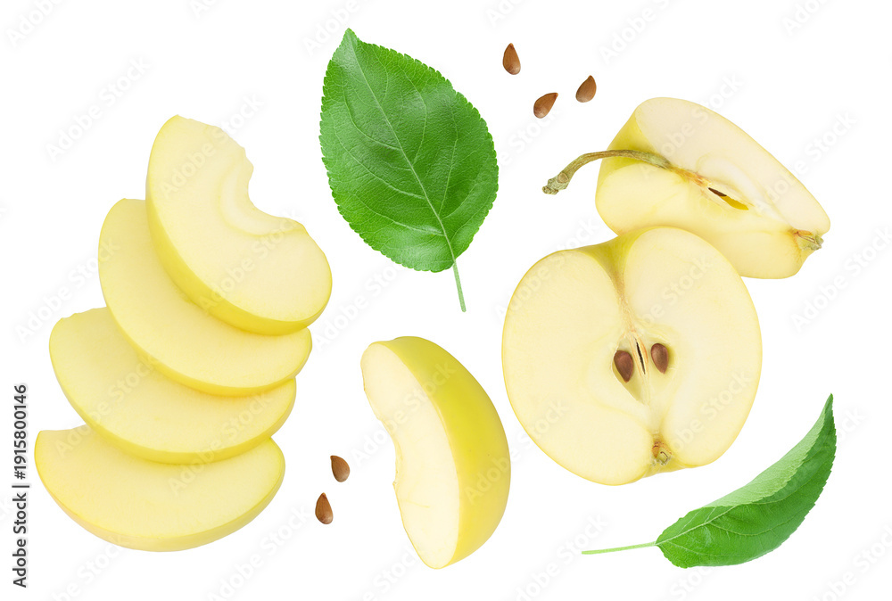 Fototapeta premium yellow apple with half isolated on white background. Top view. Flat lay .