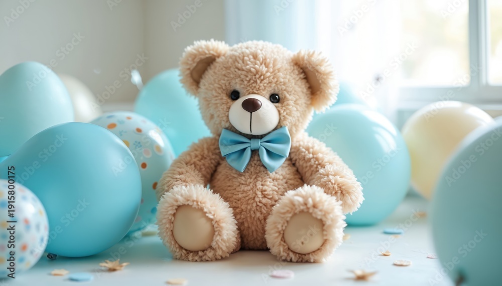 Fototapeta premium Fluffy teddy bear with blue bow tie sits on table surrounded by blue and cream balloons. Party decorations suggest happy childhood celebration or baby shower event.