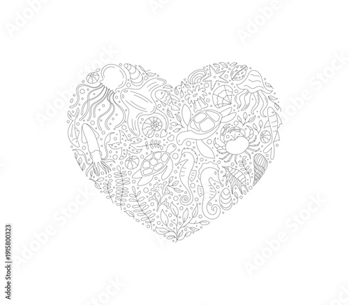Underwater heart shape sticker with marine life outline. Concept of ocean flora and fauna with coral, seaweed, and aquatic creatures. Detailed doodle featuring turtle seahorse, ideal for nature