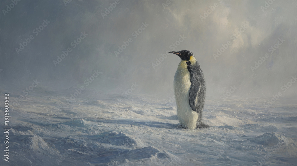 Obraz premium Emperor penguin standing on Antarctic ice with snowy landscape in natural light