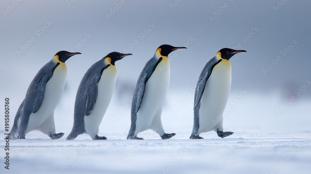 Fototapeta premium Emperor penguin walking across snowy antarctic landscape
