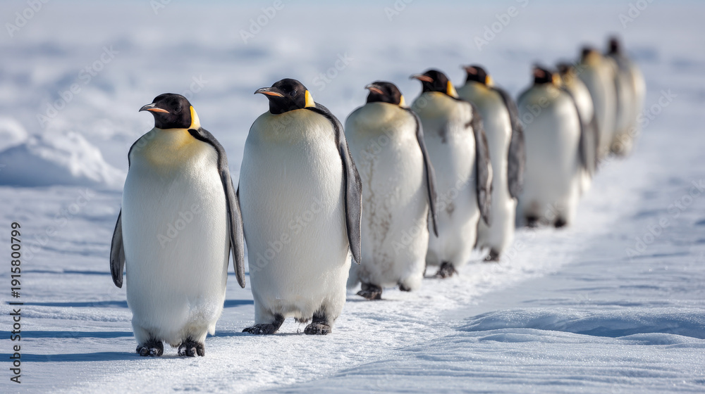 Obraz premium Emperor penguin walking across snowy antarctic landscape