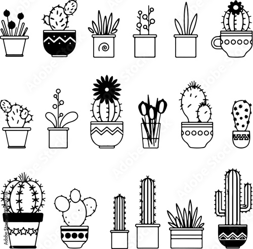 Comprehensive Collection of Common Desert Cactus Species and Indoor Succulents in Stylized Flat Vector Design for Educational Infographics