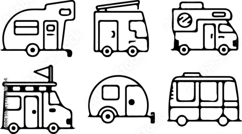 Comprehensive Minimalist RV and Camper Trailer Line Icon Set Featuring Various Motorhome Styles for Outdoor Travel and Camping Web Design Projects