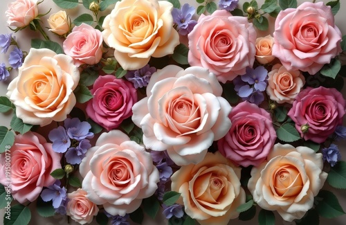 Soft focus arrangement of pastel roses, small purple flowers with green leaves. Beautiful floral backdrop, ideal for decor, invitations, romantic themes. Delicate petals create tender, lovely garden