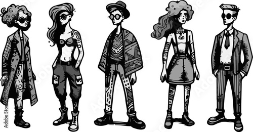 Creative Urban Hipster Illustration Pack Featuring Trendy Characters, Unique Fashion Sense, and Contemporary Streetwear Aesthetic