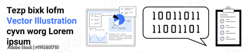 Data visualization, programming, binary analysis, project management, digital tools, technical communication. Graphs, binary speech bubble and a checklist. Data visualization and programming