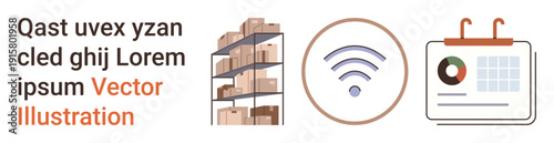 Logistics, supply chain, inventory management, technology, wireless communication, business planning. Shelves of boxes, wireless icon analytics on a calendar. Logistics and technology concept