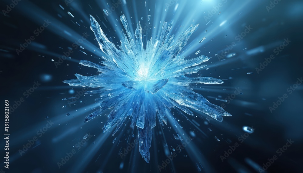 Fototapeta premium Abstract explosion of blue ice shards with bright light rays radiating outwards on dark background. Sharp frozen fragments scatter rapidly creating dynamic cold energy burst effect.