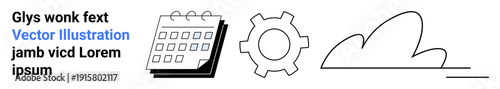 Calendar, gear, and cloud elements in clean line style, emphasizing organization, technology, and innovation. Ideal for planning, teamwork, scheduling productivity cloud computing digital tools