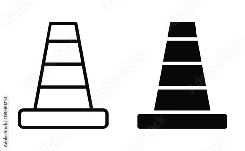 Two Traffic Cones in Black and White Outline with Solid Base Design