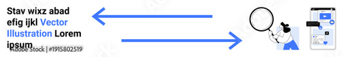 Data analysis, online search, technology education, digital tools, business solutions, information exchange. Character investigates with magnifying glass. Data analysis and online search concept