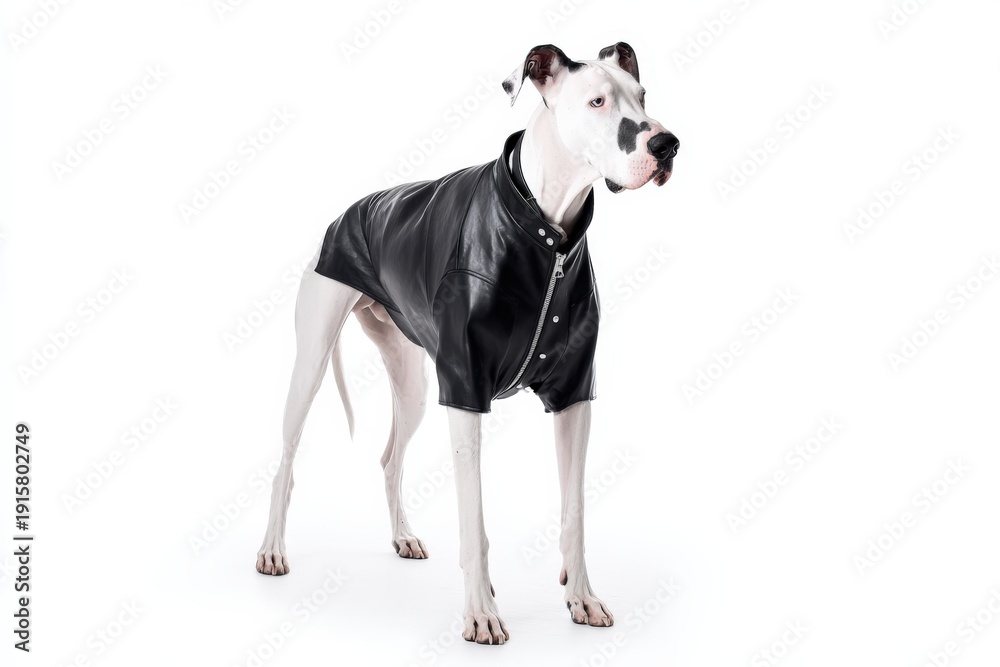 Fototapeta premium Great dane in black leather jacket standing against white background