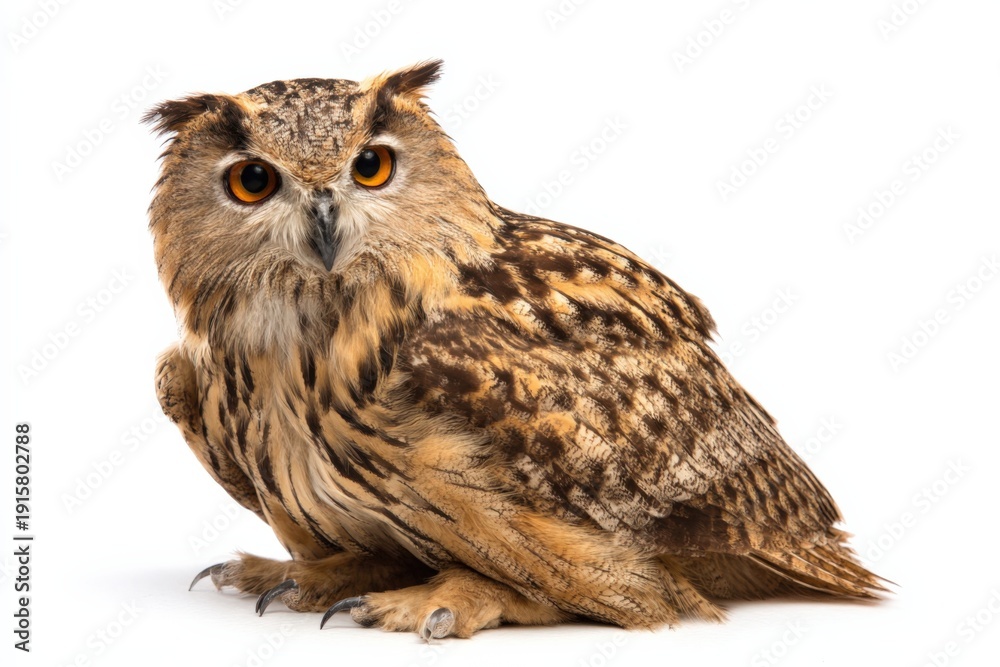 Obraz premium Majestic eurasian eagle-owl with intricate feathers and intense eyes on white background