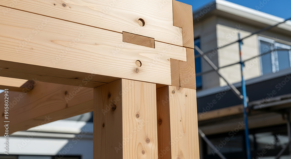 Naklejka premium Closeup of wooden beams on a house under construction with scaffolding