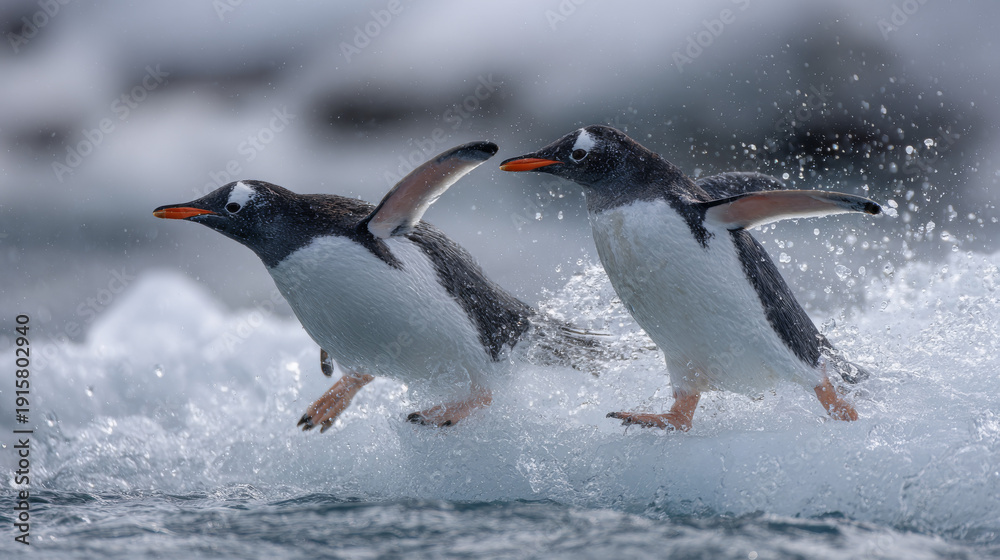 Fototapeta premium Pair of Gentoo penguins displaying territorial behavior on an iceberg in open sea