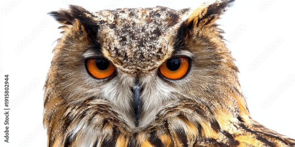 Fototapeta premium Close-up of eurasian eagle owl with intense orange eyes and feather patterns