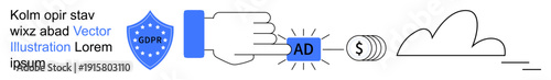 Digital privacy, online payment, advertising, data protection, cloud storage, global reach. Hand pressing ad payment button with cloud and shield icon. Digital privacy and online payment concept