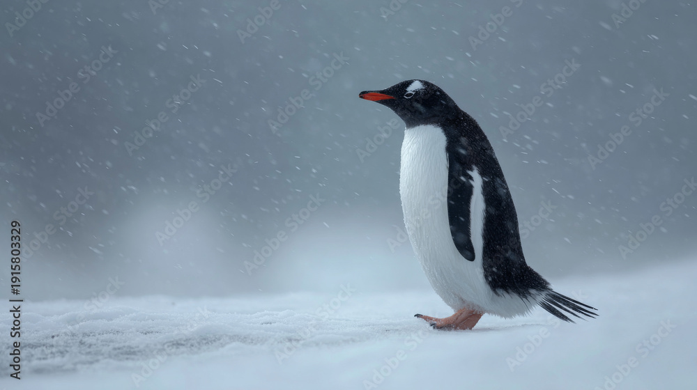 Fototapeta premium Gentoo penguin walking across snowy Antarctic landscape