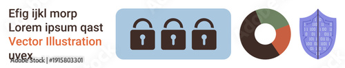 Cybersecurity, data protection, secure systems, information security, encryption, digital defense. Three locks, a pie chart and a shield symbol are . Cybersecurity and data protection concept