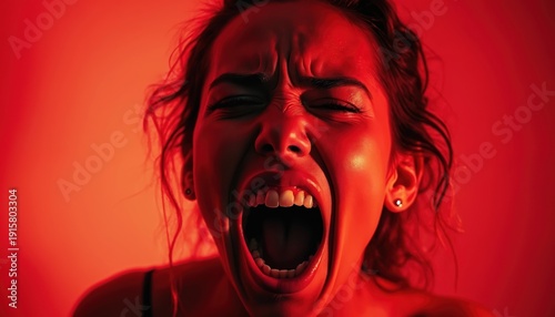 Woman screams in intense red light, showing raw emotion, fear, or pain. Close up portrait captures loud vocalization, distress, or anger in dramatic lighting.