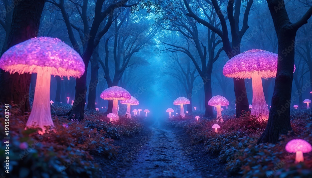 Obraz premium Magical forest path lined with giant glowing mushrooms in neon pink and purple. Mystical woods glow with blue light creating a surreal fantasy scene. Explore dreamy nature.