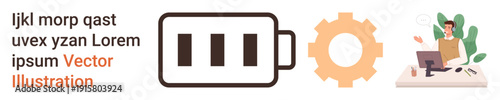 Energy, workflow optimization, technology integration, work productivity, business tools, office settings. Battery, gear person working at desk. Energy and workflow optimization concepts
