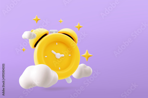 Ringing alarm clock 3D realistic render vector illustration. Alarm clock volumetric button 3D icon, reminder and deadline notice symbol.
