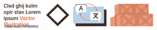 Global communication, language translation, logistics, business operations, shipment, technology. Screen with language symbols, geometric shape stacked wooden crates. Language translation