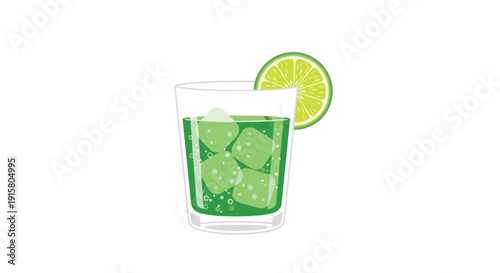 Clear glass filled with bubbly green drink, ice cubes, and a vibrant lime slice for a refreshing summer beverage.