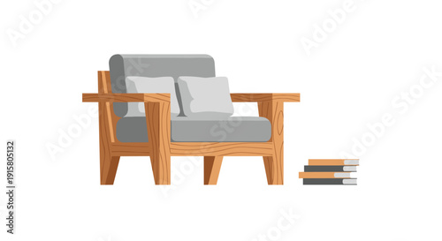 A cozy wooden armchair with gray cushions and two stacks of books neatly arranged beside it on a white background.