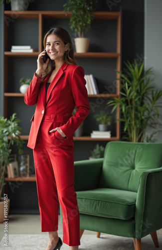 Free Download Businesswoman talks on phone wearing red suit in modern office. Woman stands with hand in pocket near green armchair, bookshelves. Smiles confidently during business call. Successful leader. - GFXLoad