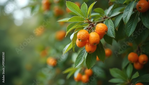 Close up of arbutus unedo tree branch with bright orange fruits and green leaves. Berries grow in clusters on a woody stem outdoors during daytime. Natural organic backdrop.