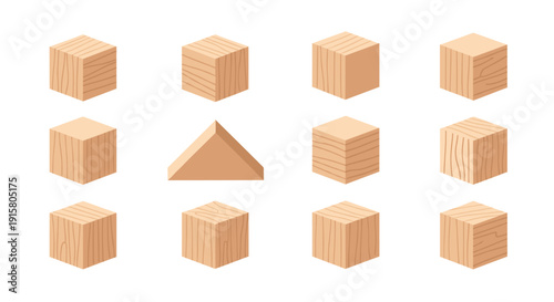 A collection of various light brown wooden blocks, mostly cubical and some triangular, displaying different wood grain patterns.
