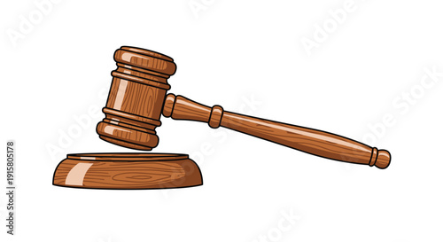 A detailed light brown wooden judge's gavel with visible grain resting beside its circular sound block on a white background.