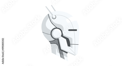 Stylized futuristic robot head in profile, featuring sleek white and gray metallic components on a clear white background.