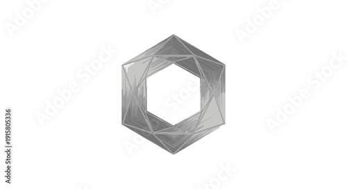 An abstract 3D geometric hexagon shape made of intersecting lines and planes is isolated on a white background.