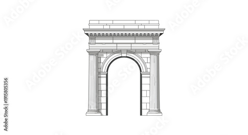 A detailed classical archway with an arched opening, ornate columns, and moldings is isolated on a white background.