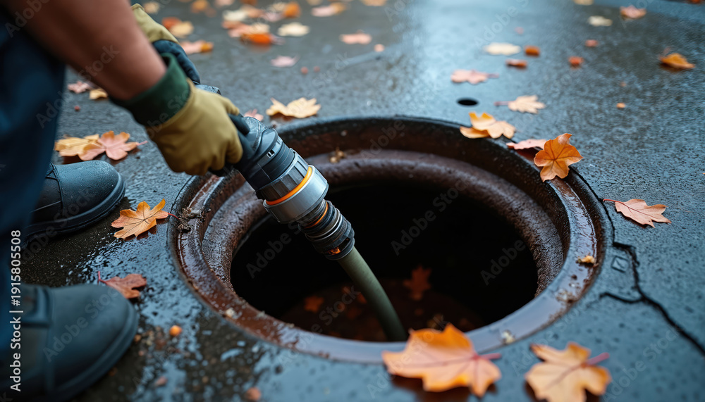 Fototapeta premium Worker inserts hose into street manhole. Service worker uses equipment for sewer inspection. Autumn leaves fall on wet pavement near drain opening. Utility maintenance job in urban setting.