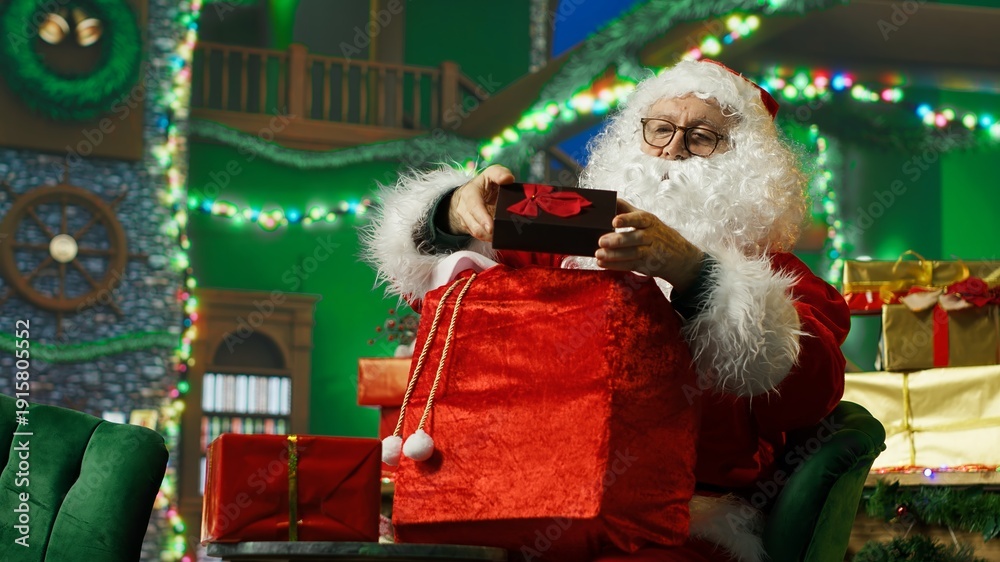 Fototapeta premium Santa Claus stuffing Christmas bag with gifts after finishing list of kids who has been nice. Elderly person wearing fake beard packing gifts, preparing to travel and visit children, camera A