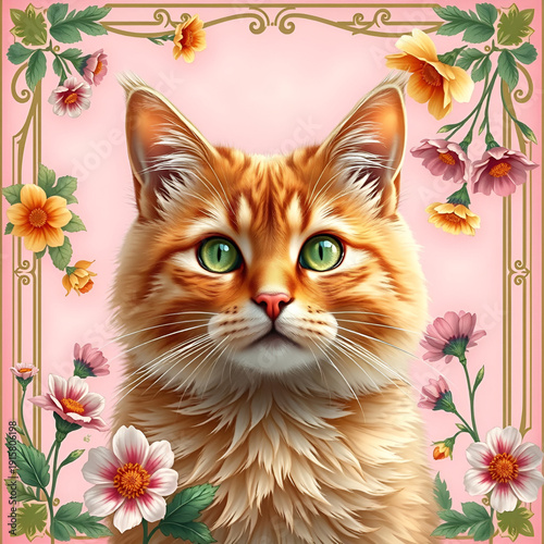 Ginger cat portrait with flowers